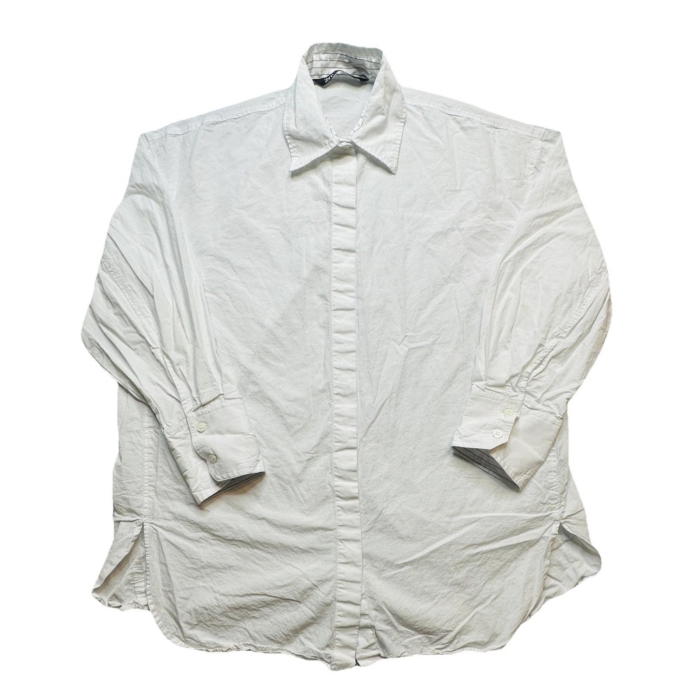 Zara Shirt Womens Small White Long Sleeve Button Front Cotton Casual Dress